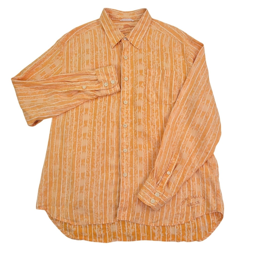 Tommy Bahama Relax Button Down Shirt Mens XL Orange 100% Linen Crab Lobster